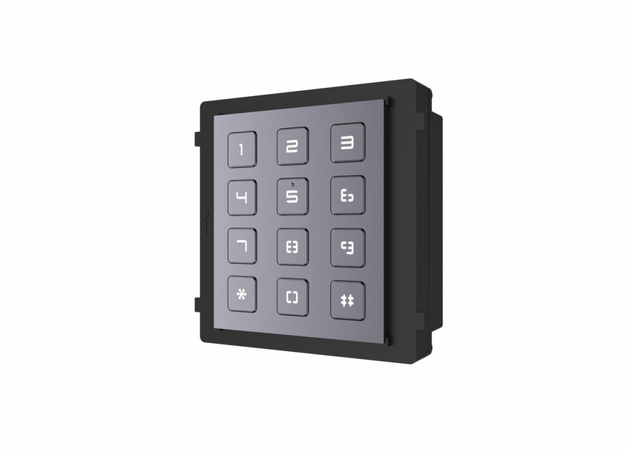 Modul de extensie videointerfon cu tastatura Hikvision DS-KD-KP; permite formarea codului de apartament sau a codului de acces; montajaplicat sau ingropat (accesoriile de montaj nu sunt incluse); iluminarepe timp de noapte; Protectie: IP65, IK7;