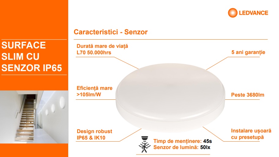 Plafoniera LED pentru exterior cu senzor de miscare Ledvance SURFACE SLIM ROUND 350, 35W, 3680 lm, lumina neutra (4000K), IP65/IK10, Ø350x55mm, Alb - 1 | YEO