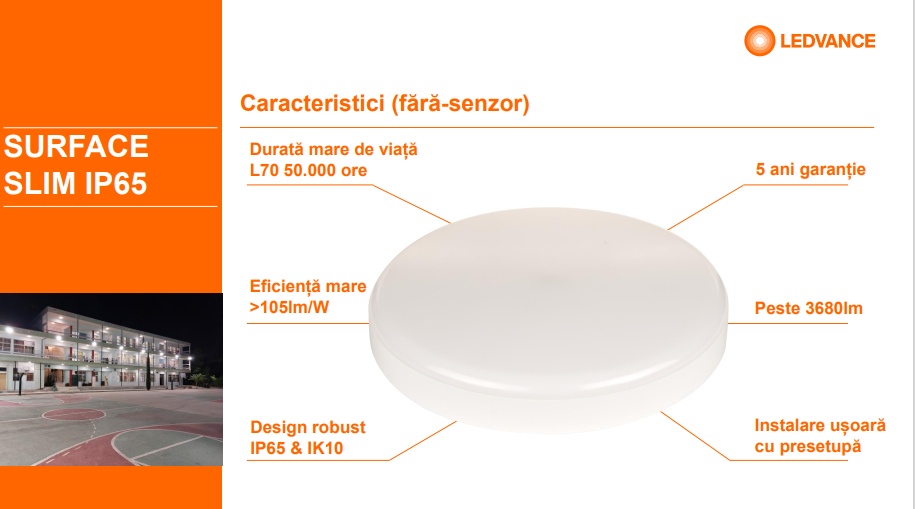 Plafoniera LED pentru exterior Ledvance SURFACE SLIM ROUND 260, 26W, 2730 lm, lumina neutra (4000K), IP65/IK10, Ø260x55mm, Alb - 1 | YEO