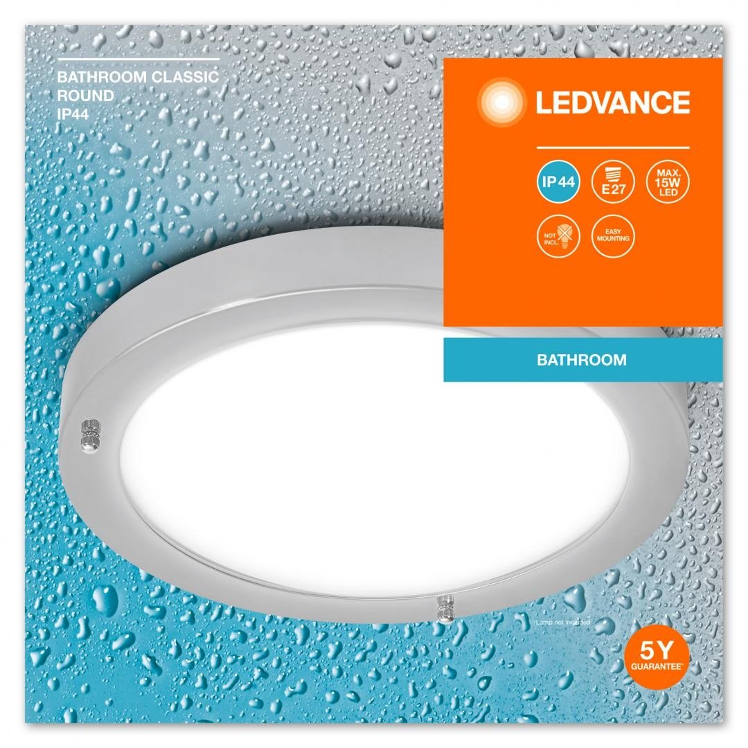 Plafoniera pentru baie Ledvance Classic Crom, E27, max. 15W LED, metal/sticla, IP44, Ø310x80mm, bec neinclus