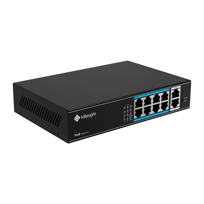 POE Switch Milesight 8 Porturi POE MS-S0208-EL, Porturi: 8 × 10/100 Mbps PoE ports (RJ45),2 × 1000 Mbps uplink ports, Alimentare: Built-in switching power supply AC 100~240 V, 50-60 Hz, 2.2 A; Standard POE: IEEE802.3af/at; Buget POE: max. 120W, max 30W