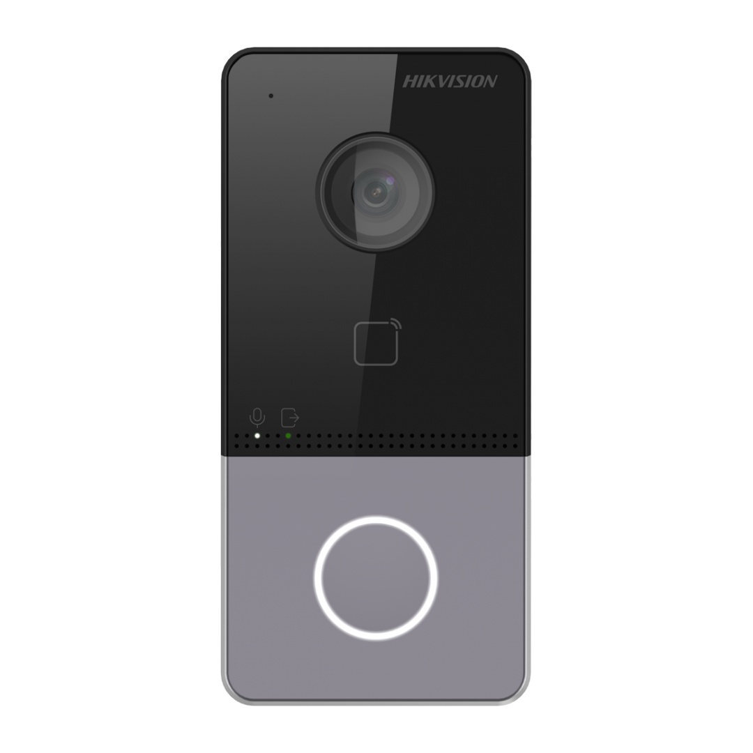 Post videointerfon de exterior WIFI Hikvision DS-KV6113-WPE1(C), montaj aparent pentru o familie, camera HD 2MP, True WDR, unghi vizualizare: Horizontal: 129° Vertical: 75°, iluminare IR 3 metri, cititor de card incorporat Mifare 13.56 MHz, comunicare