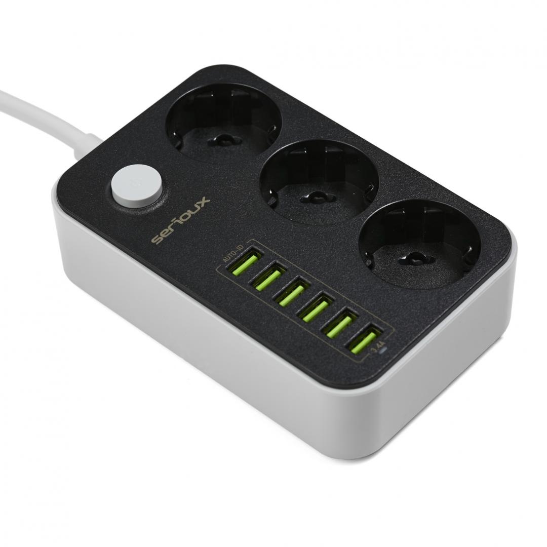 Prelungitor cu protectie Serioux, 3 prize schuko, input 100-240V, 50- 60Hz, output (Total): 2500W - 10A, 6 porturi USB, USB Output (Total):3.4A, functie auto ID, antistatic, buton power/off, lungime cablu 1.6m,negru, SRXP-PS36B