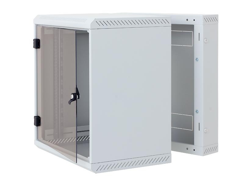 Rack de perete Triton sectiune simpla 9U 600mm adancime usa sticla panouri laterale fixe sectiuni ventilatie activa, sectiuni acces cabluri sus/jos/spate securizare cu cheie, 1 pereche montanti reglabili IP30 gri