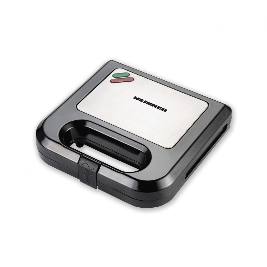 Sandwich Maker Heinner SM-K750BKS: Aparat compact de 750W cu plăci antiaderente tip grill, ideal pentru prepararea a două sandwich-uri delicioase simultan.