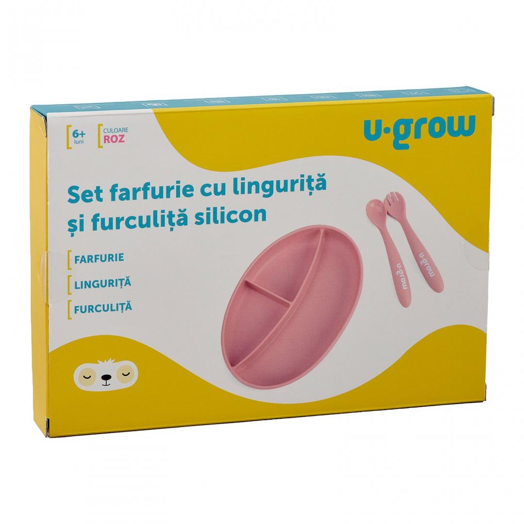 Set farfurie cu lingurita si furculita silicon, roz , U-Grow - 2 | YEO