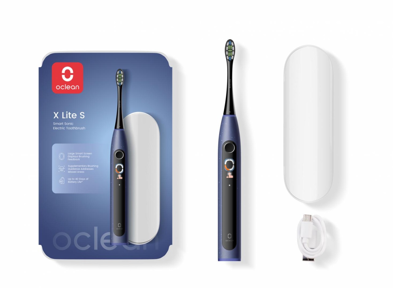 Set periuta de dinti smart sonica Oclean X Lite, Functii: Motor Maglev 72,000 miscari/min, 5 moduri, 65 dB, Capacitate baterie: 1100 mAh, durata utilizare: pana la 40 zile, IPX7 waterproof, perie Professional Clean, culoare: albastru, continut pachet: