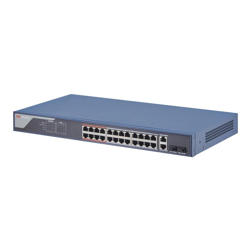 Switch 24 porturi Hikvision DS-3E1326P-EI, L2, Smart Managed, 24 × 100 Mbps PoE RJ45 ports si 2 × gigabit combos, Putere PoE 370W, Extend mode - pana la 300 metri, maxim 30W per port, Switching capacity 8.8 Gbps, Network topology management, alarm push,