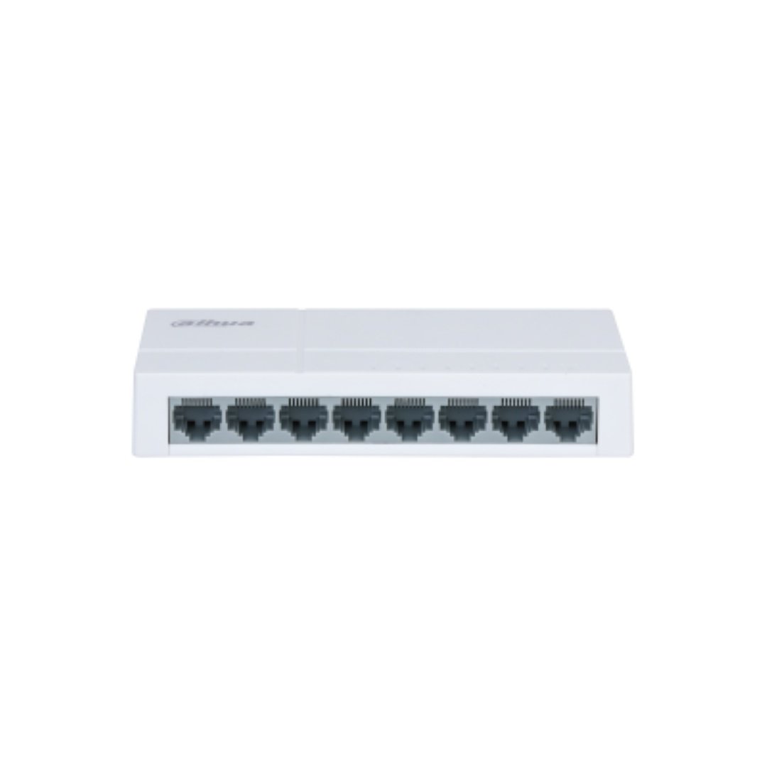 Switch Dahua 8 porturi Unmanaged, PFS3008-8ET-L, Interfata: 8 x 10/100 Mbps, Capacitate: 1.6 Gbit, Packet Forwarding Rate: 1.1904 MPPS, Greutate: 160g, Dimensiuni: 132.9 mm × 62.4 mm × 24.0 mm, Material carcasa: plastic.