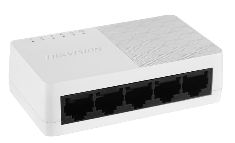 Switch Hikvision DS-3E0505D-O: 5 x 10/100/1000 Mbps ethernet port, 5 × Gigabit RJ45 port, tensiune alimentare: 5 VDC, 0.6 A, dimensiuni: 87.00 mm × 25.00 mm × 51.00 mm, greutate: 0.059kg, montare pe birou.