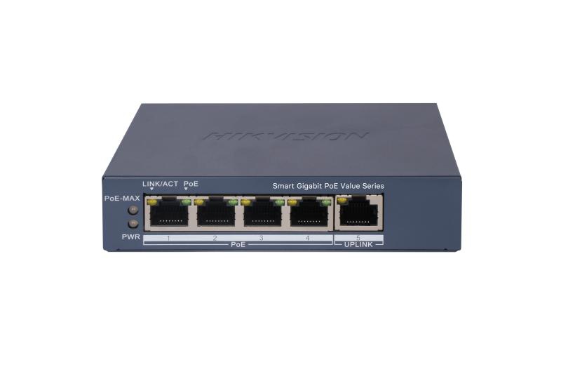 Switch PoE Hikvision DS-3E1505P-EI/M, 4 × Gigabit PoE port,1 × Gigabit RJ45 port, Total PoE Power Budget 45W, Support 802.1Q VLAN, capacitate: 10 Gbps, alimentare: 54VDC, 0.92A, dimensiuni: 121.1 mm × 27.6 mm × 83.1 mm, greutate: 0.26kg.