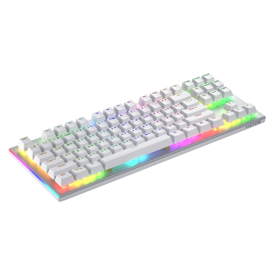 Tastatura mecanica cu fir Hator Gravity X TKL conectivitate USB, polling rate 1000Hz, iluminare RGB cu functia de a customiza fiecare tasta individual, tip switch HATOR Aurum Orange Linear rev.2.0, durata de viata switch 70M de clickuri, material taste - 3 | YEO