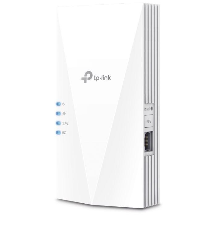 TP-link AX1800 Wi-Fi6 Range Extender, RE600X, Dual-Band, Standarde wireless: IEEE 802.11a/n/ac/ax 5GHz, IEEE 802.11b/g/n/ax 2.4GHz, interfata: 1 x 10/100/1000, Dimensiuni: 78×36×149 mm, 2 x antene interne, viteza wireless: 574 Mbps la 2.4GHz, 1201 Mbps