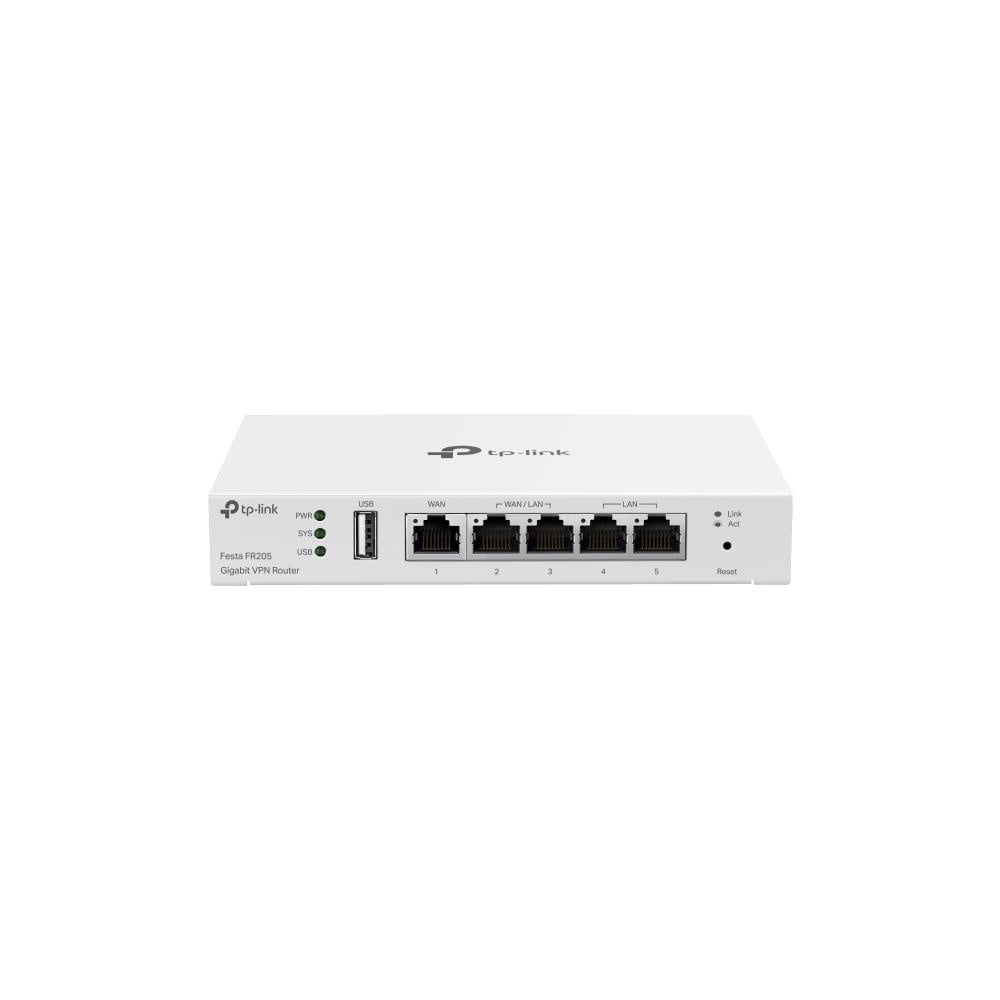 TP-Link Gigabit VPN Gateway FESTA FR205, interfata 1× Gigabit WAN port, 2× Gigabit WAN/LAN ports, 2× Gigabit LAN ports, 1× USB 2.0 (supports USB LTE dongle‡), fara ventilatoare, DRAM 256 MB DDR, 802.1Q VLAN