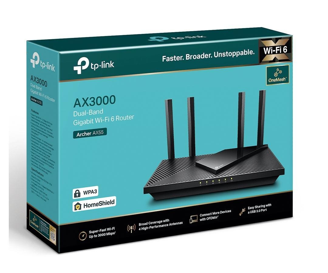 TP-Link Wireless Router, ARCHER AX55 ;WI-FI 6 ,dual band AX3000 5 GHz: 2402 Mbps (802.11ax), 2.4 GHz: 574 Mbps(802.11ax), Standard and Protocol: IEEE 802.11ax/ac/n/a 5 GHz, IEEE 802.11ax/n/b/g 2.4 GHz4 x Antene Externe fixe, 1× Port WAN/LAN Gigabit, 4× - 3 | YEO