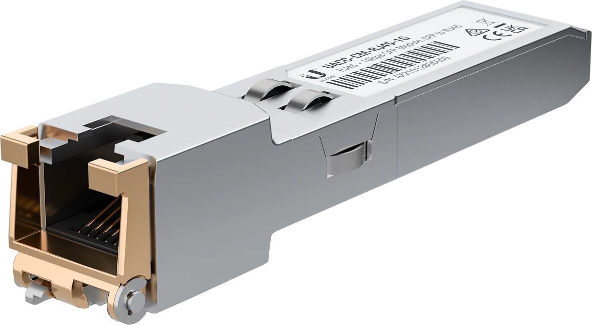 Ubiquiti RJ45 - SFP/SF+ Transceiver Module, SFP to RJ45, UF-RJ45-1G; Rata detransfer de date 1/10 Gpbs, distanta cablu: 1 Gbps (Cat 5e): 100 m, 10 Gbps (Cat 6A): 30 m, consum 1.2w.