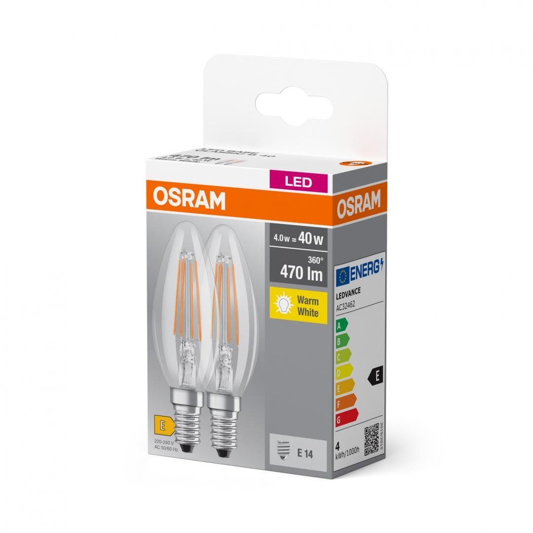 2 Becuri LED Osram Base Classic B, E14, 4W (40W), 470 lm, lumina calda (2700K), cu filament