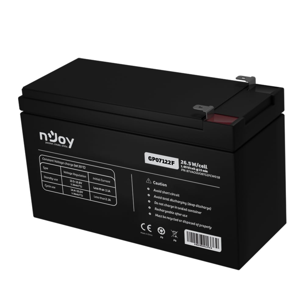 Acumulator nJoy GP07122F 12V 23.51W/cell Battery Model GP07122F Voltage 12V Power (1,65V/cell@15 min) 23.51W/cell Type VRLA - maintanance free Designed Floating Life 3~5 years Nominal Operating Temp. Range 25o C ± 3o C Terminal F2 terminal -Faston Tab