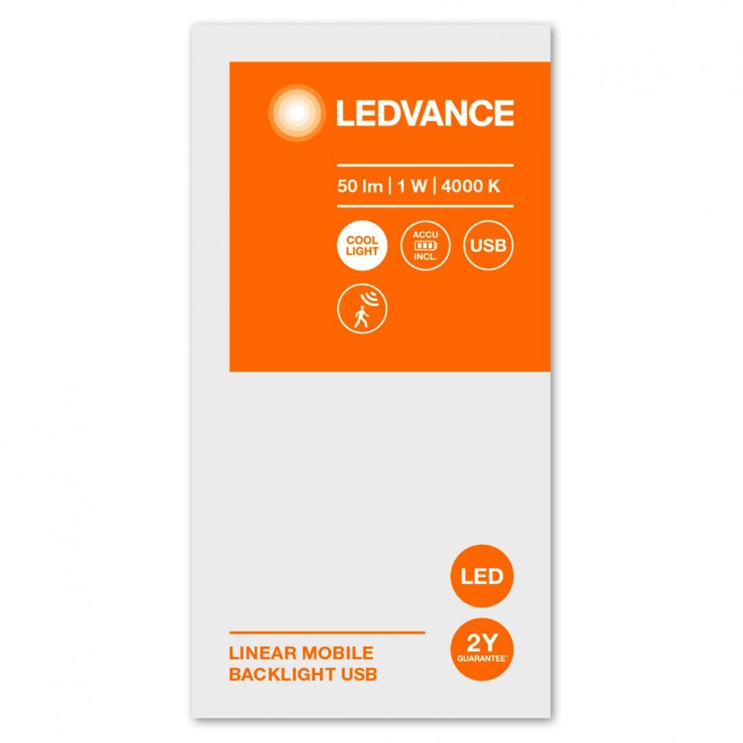 Aplica LED liniara Ledvance cu senzor de miscare si lumina, 1W, 50 lm, lumina neutra (4000K), IP20, montaj aplicat, 200 mm, incarcare USB 1x3.7V 500mAh lithium-ion, clasa energetica G - 1 | YEO