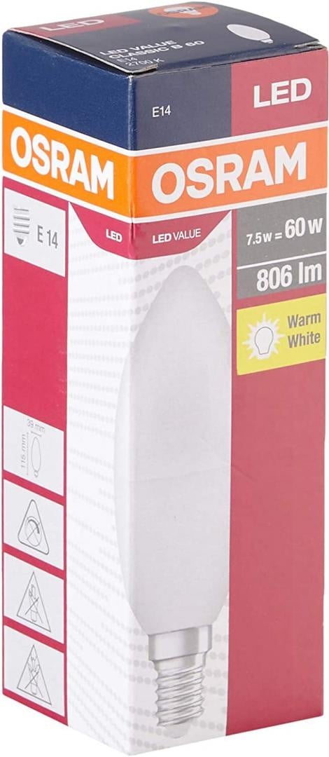 Bec LED Osram Value Classic B, E14, 7W (60W), 806 lm, lumina calda (2700K) - 1 | YEO