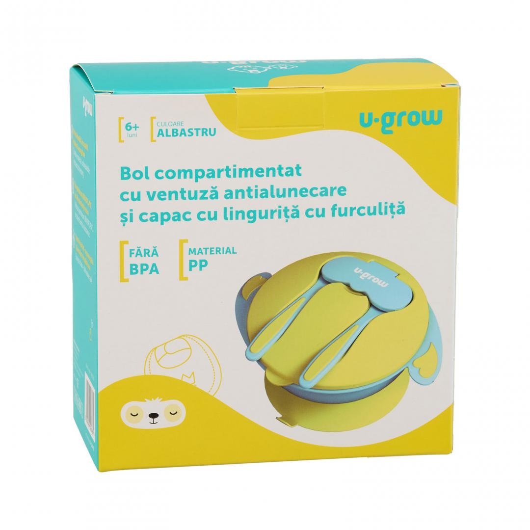 Bol compartimentat cu ventuza antialunecare si capac cu lingurita si furculita, blue, U-Grow - 3 | YEO