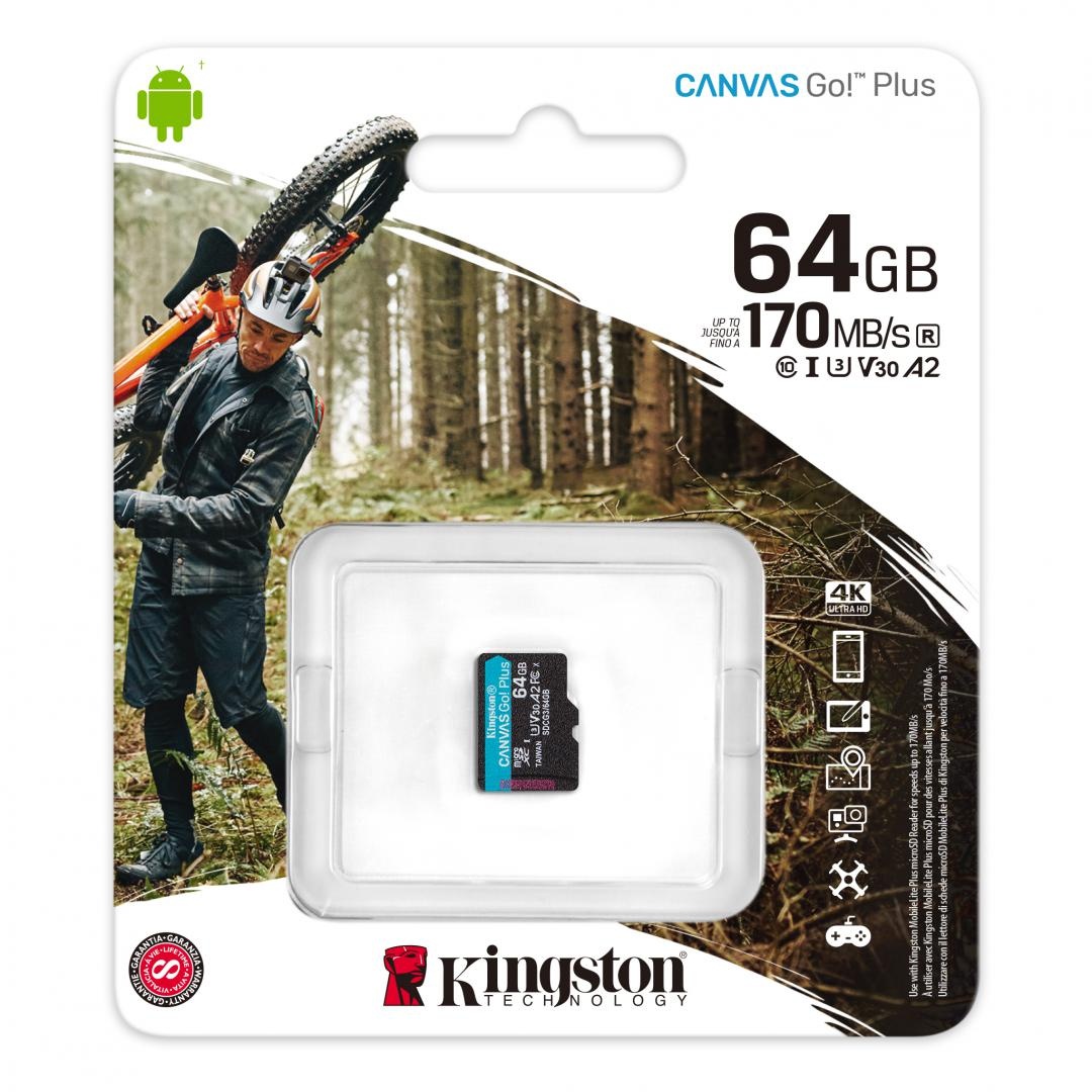 Card de Memorie MicroSD Kingston Canvas GO Plus, 64GB, Adaptor SD, Class 10 - 1 | YEO