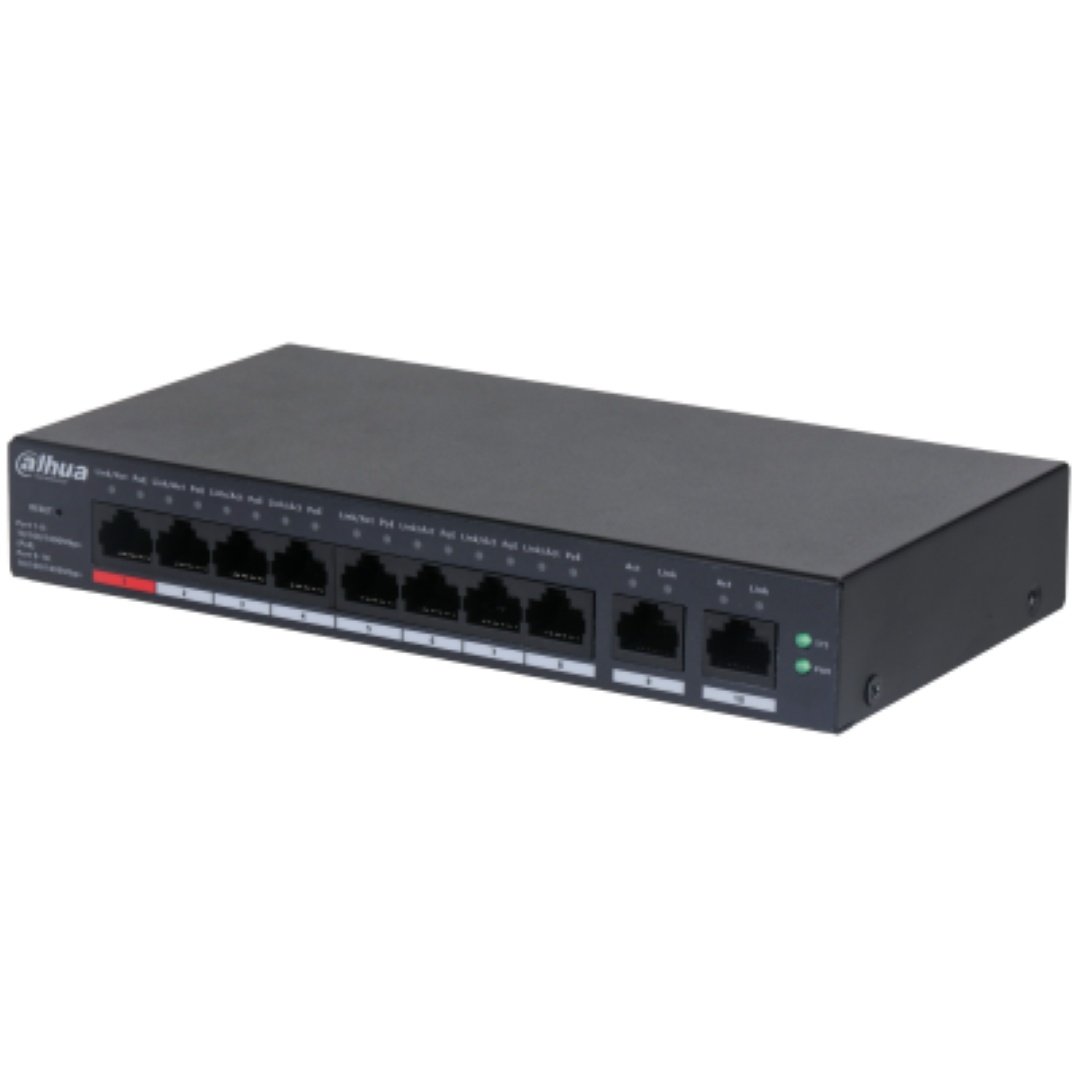 Dahua 10 Port Cloud managed POE switch CS4010-8ET-110, Interfata: Port 1-8: 8 × RJ-45 10/100 Mbps (PoE); Port 9-10: 2 × RJ-45 10/100/1000 Mbps（uplink）, Managed, Layer 2, Switching Capacity: 5.6 Gbps, Packet Forwarding Rate: 4.17 Mpps, Standarde retea: