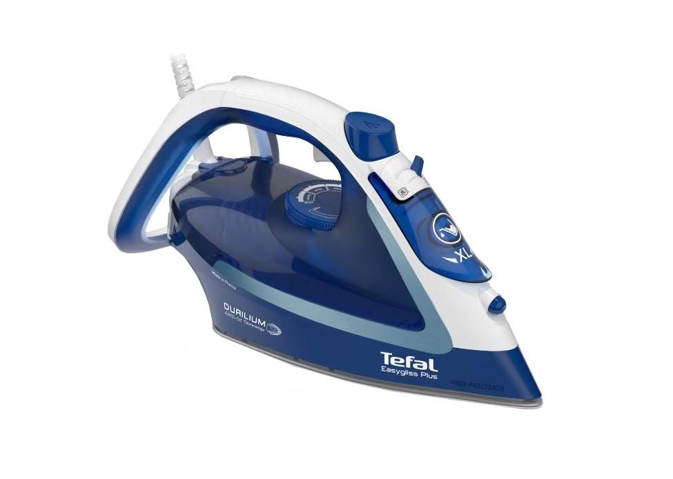 Fier de calcat TEFAL EasyGliss Plus FV5735E0, 2500W, 220g/min, Easygliss Plus , Durilium AirGlide, sistem anticalcar, functie calcare verticala, Auto OFF, Autosteam, alb&albastru