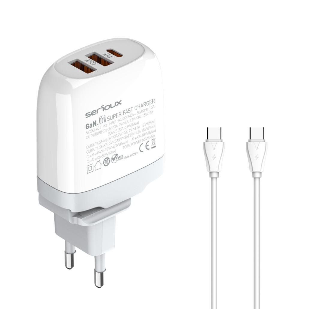 Incarcator retea Serioux 65W GAN QC, Intrare: AC100-240V~ 50/60Hz 1.5A, Ieșire (USB-C1): 5V-3A 9V-3A 12V-3A 15V-3A 20V=3.25A 65W(Max), Ieșire (USB-A1): 5V-3A 9V-2A 12V=1.5A 18W(Max), Ieșire (USB-A2): 5V-3A 9V-2A 12V 1.5A 18W(Max), A1+A2=18W(Max), - 1 | YEO