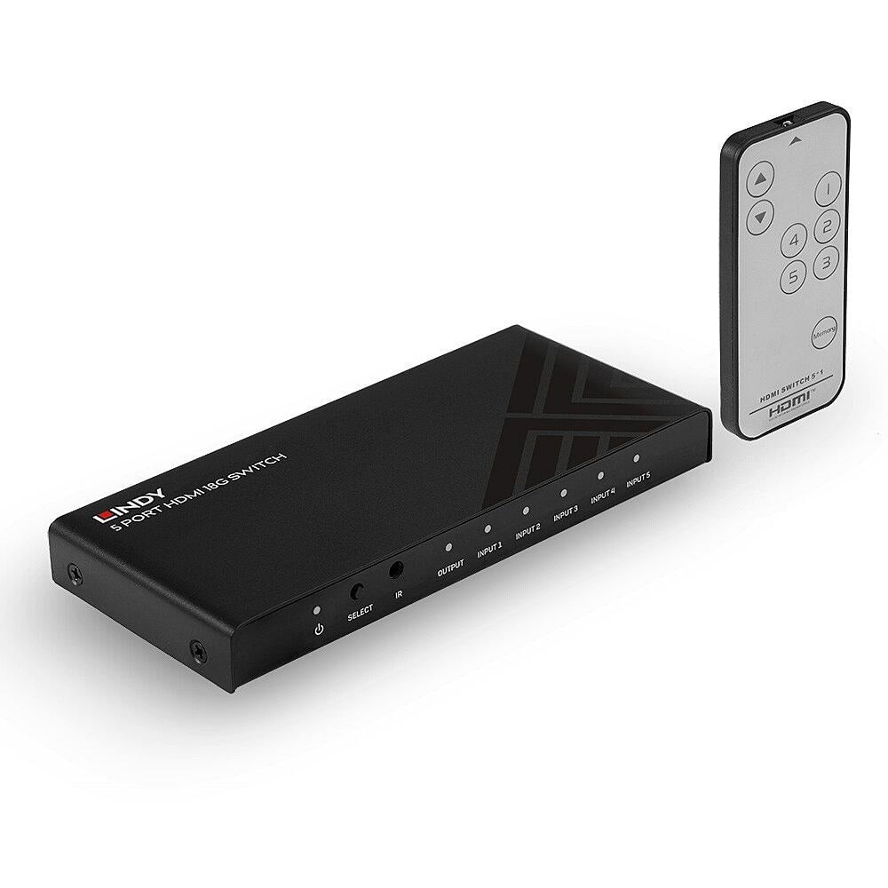 Lindy 5 Port HDMI 18G Switch Technical details Specifications AV Interface: HDMI Interface Standard: HDMI 2.0 Supports Bandwidth: 18Gbps Maximum Resolution: 3840x2160@60Hz 4:4:4 8bit HDCP Support: HDCP 2.2 Supported Audio: Audio Pass-through Separate