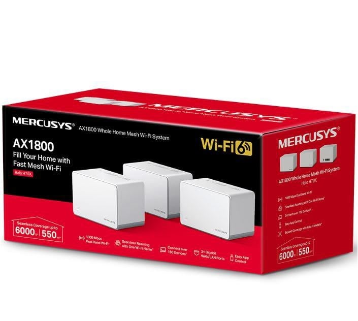 Mercusys AX1800 Whole Home Wi-Fi system HALO H70X(3-PACK),wi-fi 6 Dual-Band, Standarde Wireless: IEEE 802.11ax/ac/n/a 5 GHz, IEEE 802.11ax/n/b/g 2.4 GHz, viteza wireless: 1201 Mbps on 5 GHz, 574 Mbps on 2.4 GHz, Securitate wireless: - 3 | YEO