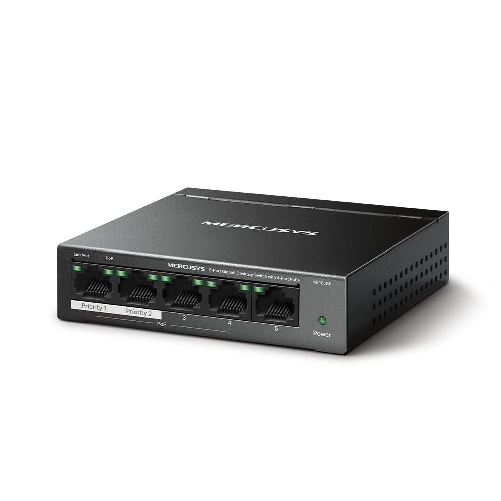 MERCUSYS DESKTOP SWITCH 5PORT MS105GP POE, Interfata: 5 x 5× 10/100/1000 Mbps RJ45 ports, 4 x POE, PoE Power Budget: 65 W, Standarde si protocoale: IEEE 802.3x Flow Control, dimensiuni: 99.8*98*25mm, - 2 | YEO