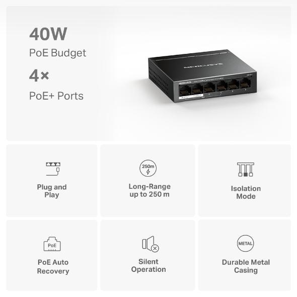 Mercusys Desktop Switch MS106LP 6 porturi 10/100Mbps, Standarde si protocoale IEEE 802.3x Flow Control, 4 porturi POE, buget POE 40W, dimensiuni: 99.8*98*25mm. - 1 | YEO