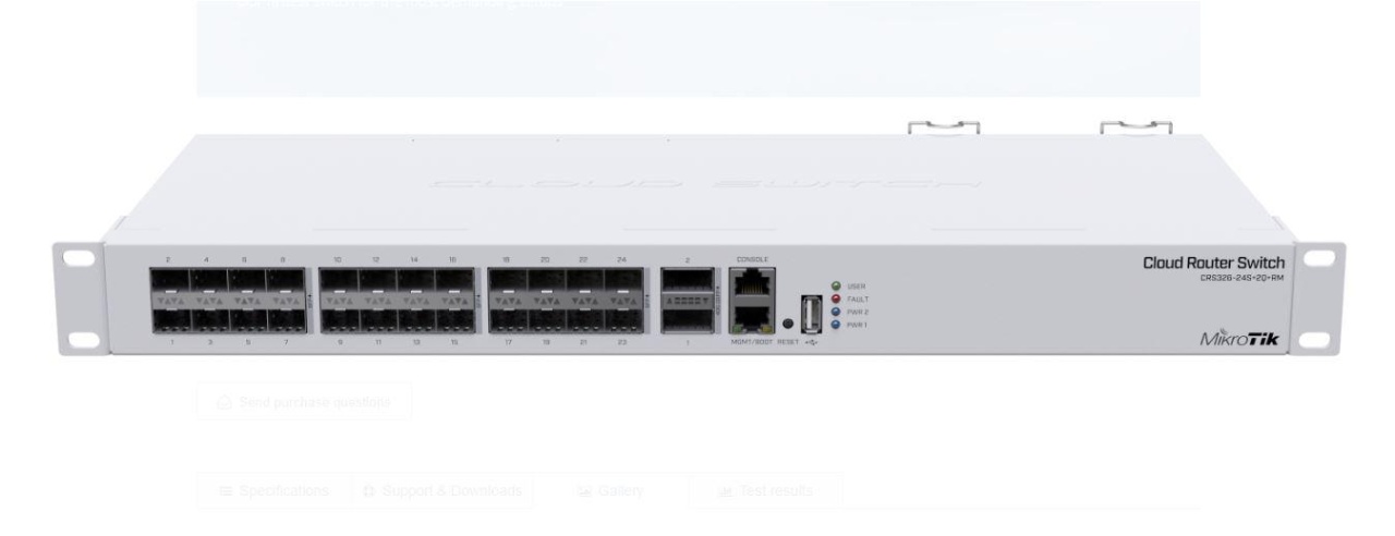 MIKROTIK, 24 Port QSFP+ 2 SFP L3 Managed Switch, CRS326-24S+2Q+RM, Procesor:650 MHz, 64 mb RAM, 16 mb Flash, Dimensiuni: 443 x 200 x 44 mm, interfata: 24 x 10Gpbs SFP+, 2 x 40Gpbs QSFP+, 1 x 10/100, 1 x USB, IP20, consum maxim 69w, 3 ventilatoare.