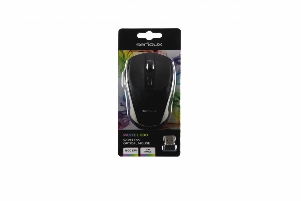 Mouse wireless Serioux Pastel 600 negru – Senzor optic 1600 DPI, 6 butoane, design ambidextru