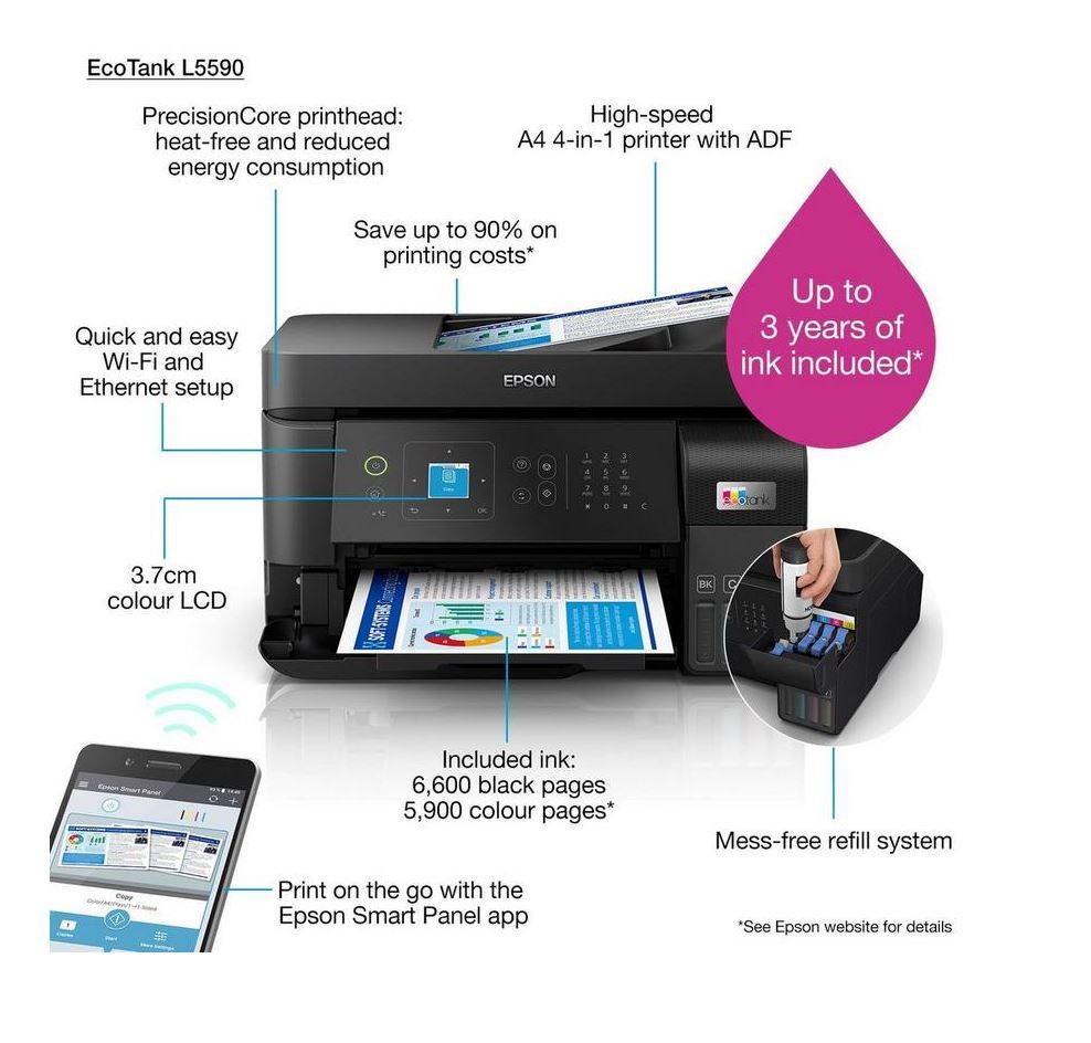 Multifunctional inkjet color CISS Epson L5590, (Print, Copy, Scan, Fax) dimensiune A4, 4 culori, viteza max 15ppm alb-negru, 8ppm color, rezolutie 1200x2400dpi, alimentare hartie 100 coli + 30 coli ADF, Scanner CIS, 5ipm, Fax: 33.6kbps / Approx. 3