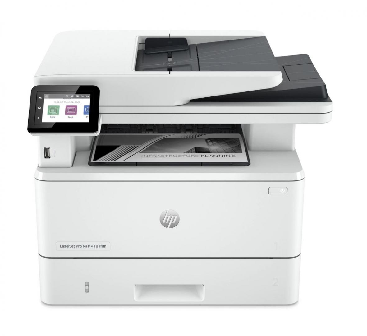 Multifunctional laser mono HP Laserjet 4102FDW , dimensiune A4 (Printare, Copiere, Scanare, Fax), Duplex, viteza 40ppm, rezolutie max 1200 x 1200dpi, procesor 1200Mhz, memorie 512MB RAM, alimentare hartie 350 coli, + 50 coli DADF, limbaj de printare HP