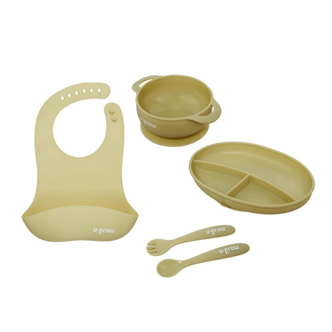 Set diversificare 5 piese silicon : baveta, bol, farfurie, lingurita si furculita, olive, U-Grow