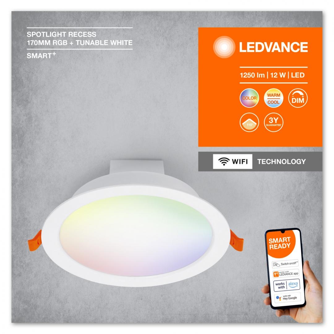 Spot LED RGB incastrat Ledvance SMART+ WiFi, 12W, 1000 lm, lumina albasicolor (2700-6500K), IP20/IK03, 170x57mm, Alb