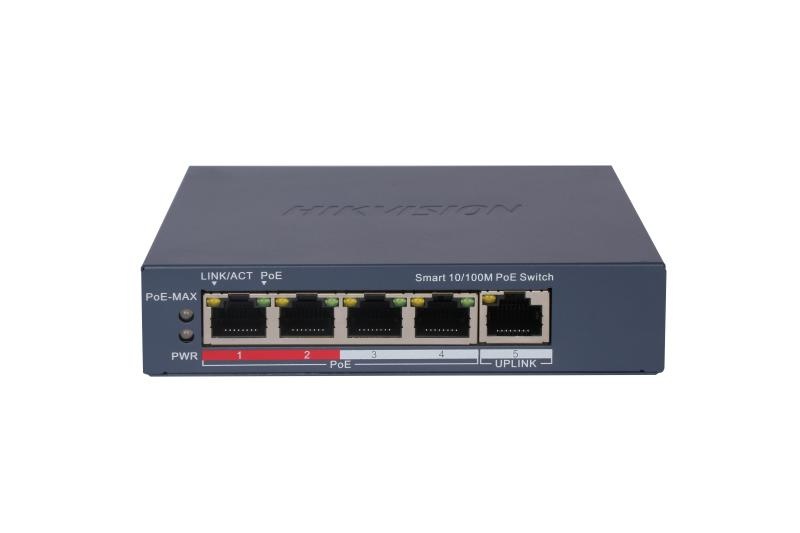 Switch 4 porturi PoE Hikvision DS-3E1105P-EI, L2, Smart Managed, 4 × 100 Mbps PoE RJ45 ports, si 1 × 100 Mbps network RJ45 port, Putere PoE 60 W, maxim 30W per port, Extend mode - pana la 300 metri, material metal, dimensiuni: 105 mm × 27.6 mm × 83.1 mm,