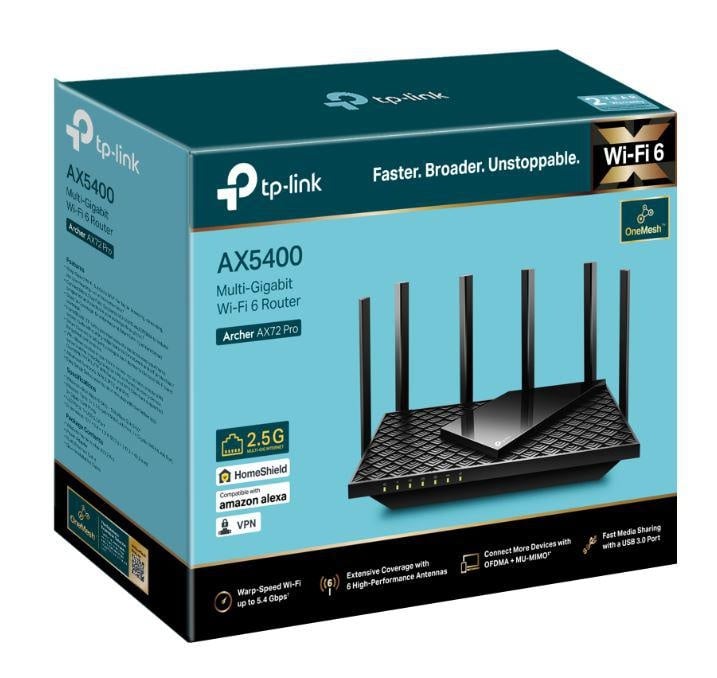 TP-LINK AX5400 Dual-Band Gigabit WI-FI6 Router, ARCHER AX72 PRO, Standarde wireless: IEEE 802.11ax/ac/n/a 5 GHz, IEEE 802.11ax/n/b/g 2.4 GHz, Viteze wireless: 5 GHz: 4804 Mbps (802.11ax, HE160), 2.4 GHz: 574 Mbps (802.11ax), Acoperire: 3 camere, 6 x - 3 | YEO