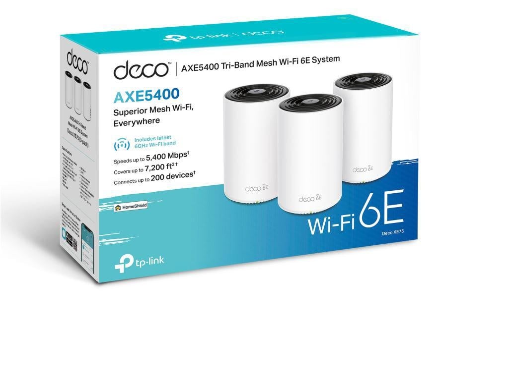 TP-Link AXE5400 home mesh Wi-Fi 6E System, Tri-Band, Deco XE75(3-pack); Standarde Wireless: IEEE 802.11ax 6 GHz, IEEE 802.11ax/ac/n/a 5 GHz, IEEE 802.11ax/n/b/g 2.4 GHz, viteza WIFI: 6 GHz: 2402 Mbps (802.11ax, HE160), 5 GHz: 2402 Mbps (802.11ax, - 2 | YEO