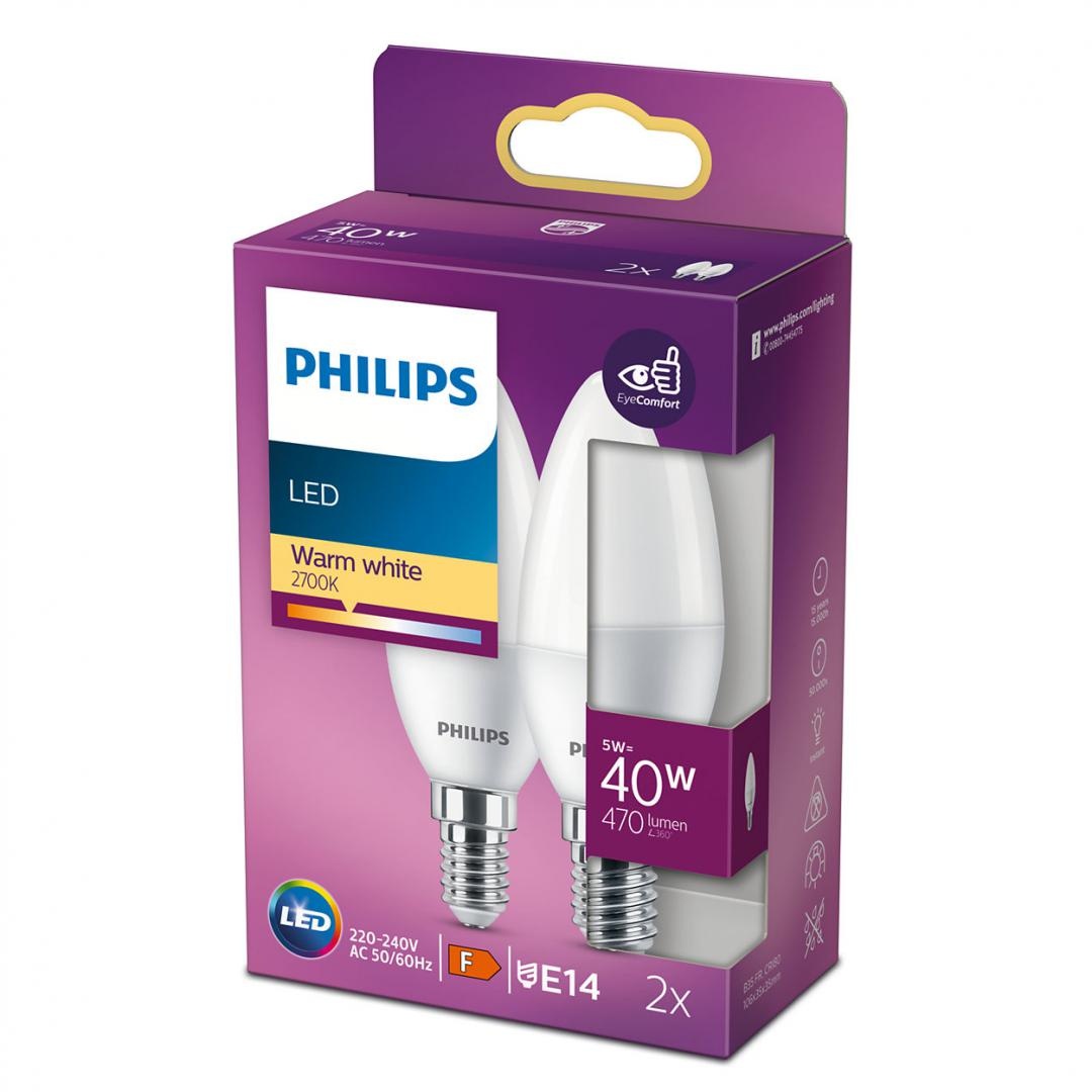 2 Becuri LED Philips B35, EyeComfort, E14, 5W (40W), 407 lm ,luminacalda(2700K), mat