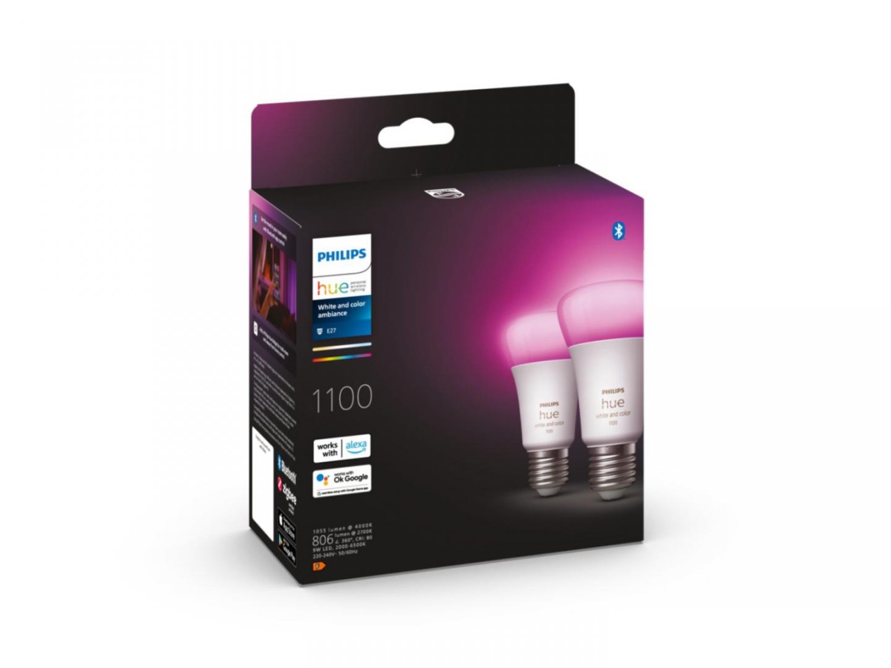 2 Becuri LED RGB inteligente Philips Hue A60, Bluetooth, E27, 9W (75W) ,1100 lm, lumina alba si color (2000-6500K) - 1 | YEO