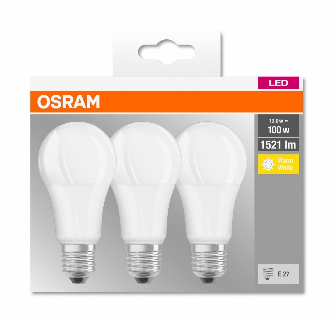 3 Becuri LED Osram Base Classic A, E27, 13W (100W), 1521 lm ,luminacalda(2700K)