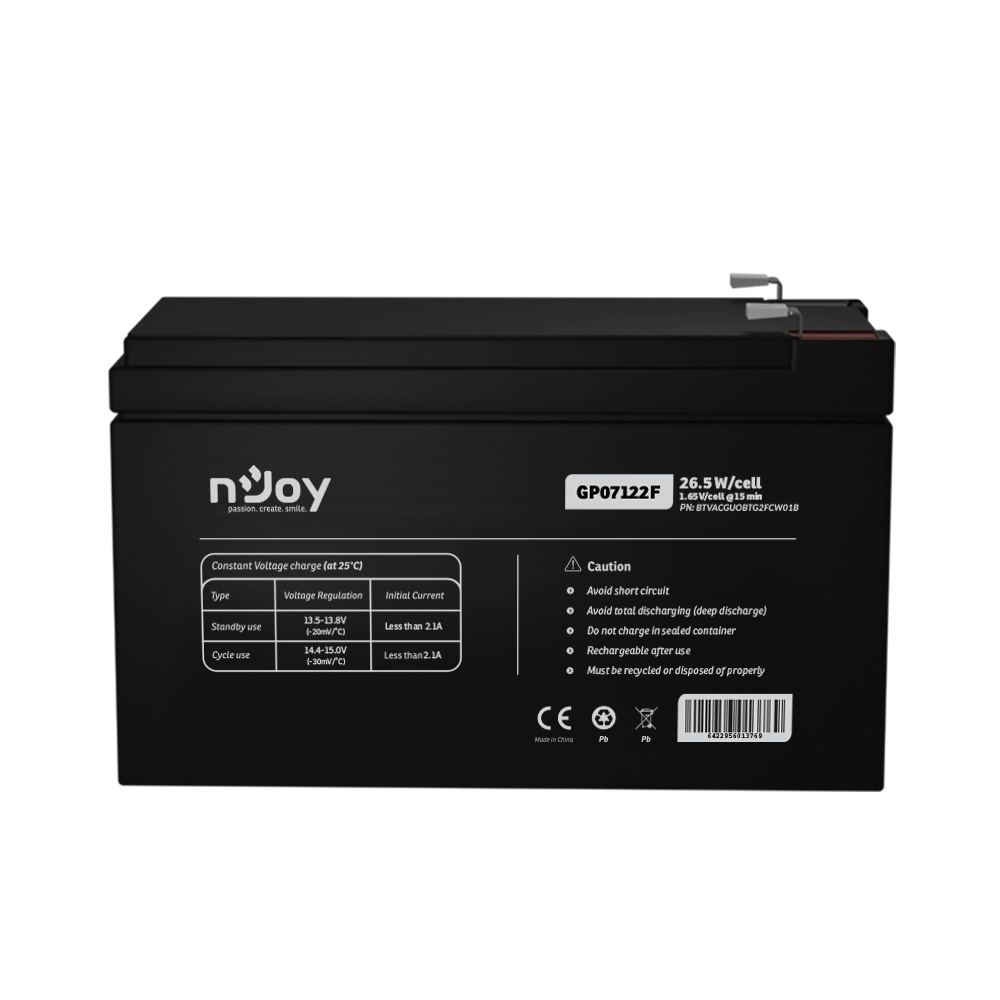 Acumulator nJoy GP07122F 12V 23.51W/cell Battery Model GP07122F Voltage 12V Power (1,65V/cell@15 min) 23.51W/cell Type VRLA - maintanance free Designed Floating Life 3~5 years Nominal Operating Temp. Range 25o C ± 3o C Terminal F2 terminal -Faston Tab - 1 | YEO