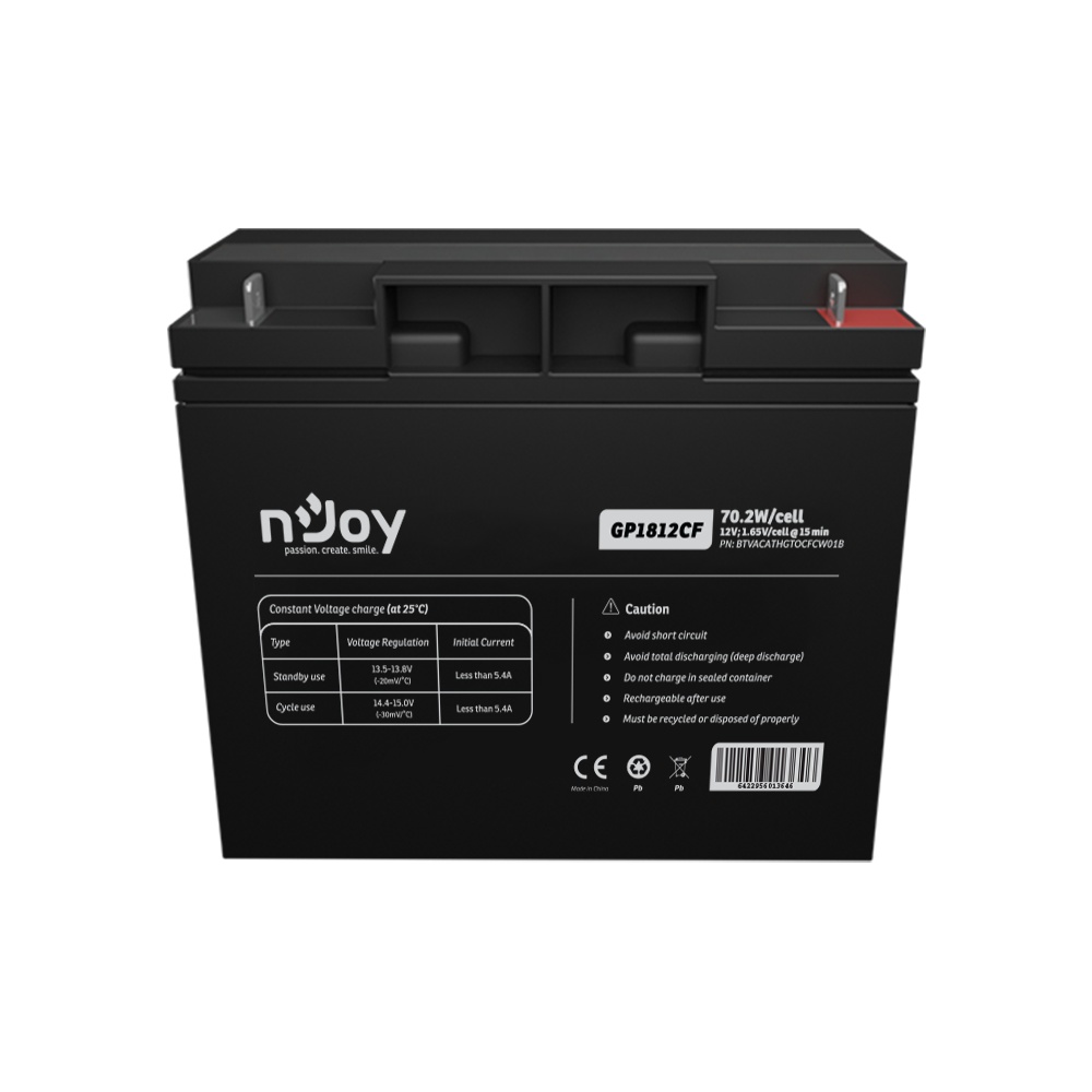 Acumulator NJOY GP1812CF 12V 181x77x167mm, Cycle use 14.4V- 15.0V max. current 5.4A, Float use 13.5V- 13.8V, Terminal T3 (M5), Power 70.2W/ cell