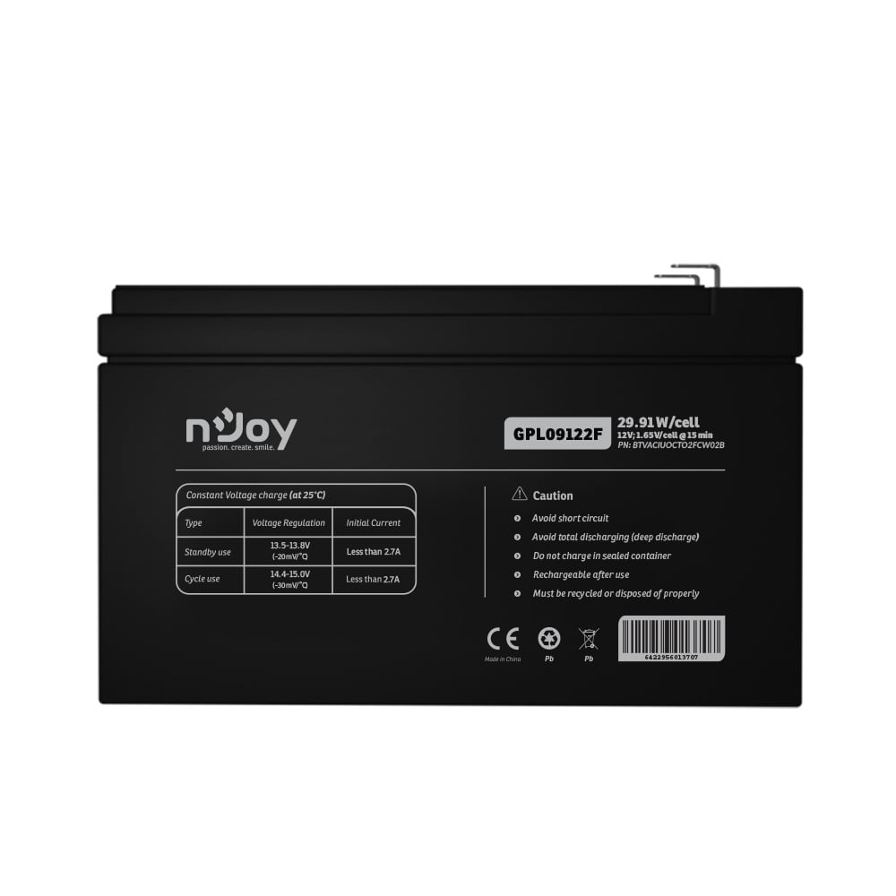 Acumulator nJoy GPL09122F 12V 30.55W/cell, Capacitate 30.55W/cell evaluat la 1,65V/cell@15 min, Tensiune 12V, Tip VRLA - fara mentenanta, Caracteristici: Sigilata complet si fara intretinere, Peste 260 de cicluri la 100% DOD, Utilizare standard 5-8 ani,