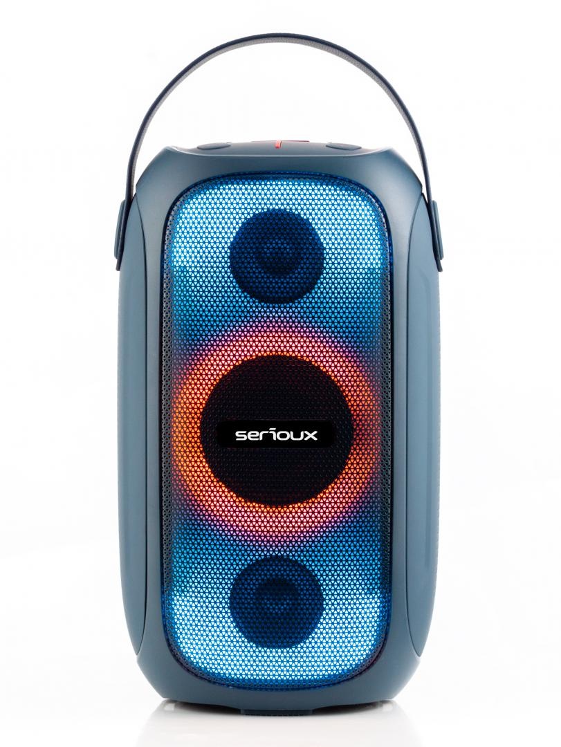 Boxa portabila Serioux PartyBoom, putere RMS: 55W, raport S/N >70dB, T.H.D.: <0.3%, frecventa : 40Hz~20KHz, baterie: 7.4V 3600Mah , functie TWS, functie Extra Bass, 8 moduri de iluminare RGB , IPX5 Waterproof/Bluetooth/USB/TF card/AUX