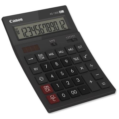 Calculator birou Canon AS1200, 12 digiti, display LCD vertical, inclinat, separator de mii, functie schimbare de semn, oprire automata, sursa de energie: alimentare dubla.